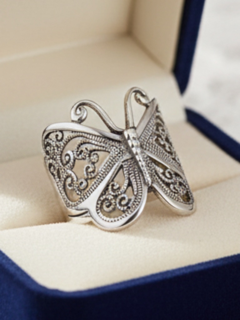 Womens Butterfly Silver Stainless Steel Ring Size 7